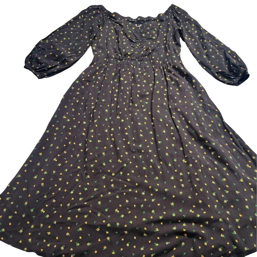 Anthropologie Black Floral Midi Dress Long Sleeve Pockets Petite 2P Cottagecore